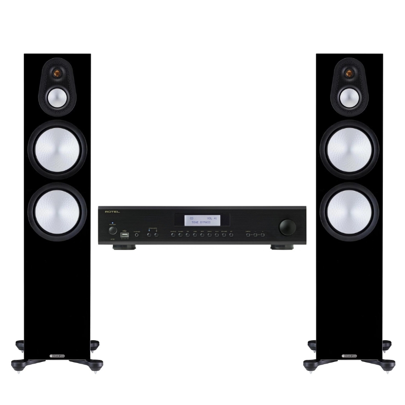 Monitor Audio Silver 300 7G Floorstanding Speakers (Black) With Rotel A12 MKII Amplifier