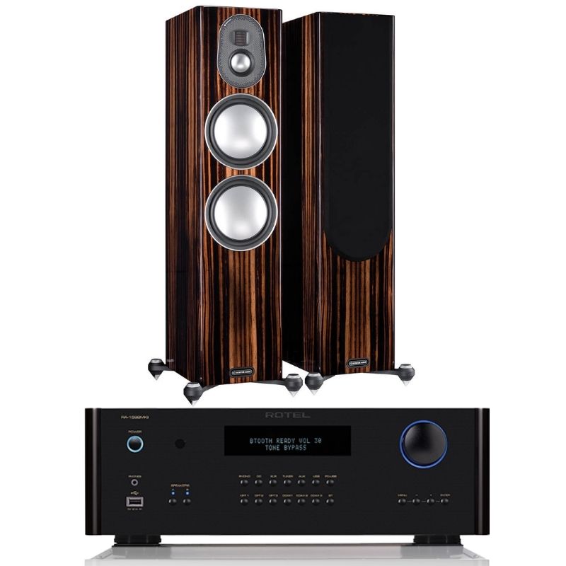 Monitor Audio Gold 300 Floorstanding Speakers (Walnut) and Rotel RA1592MKII Integrated Amplifier (Black) Stereo Package