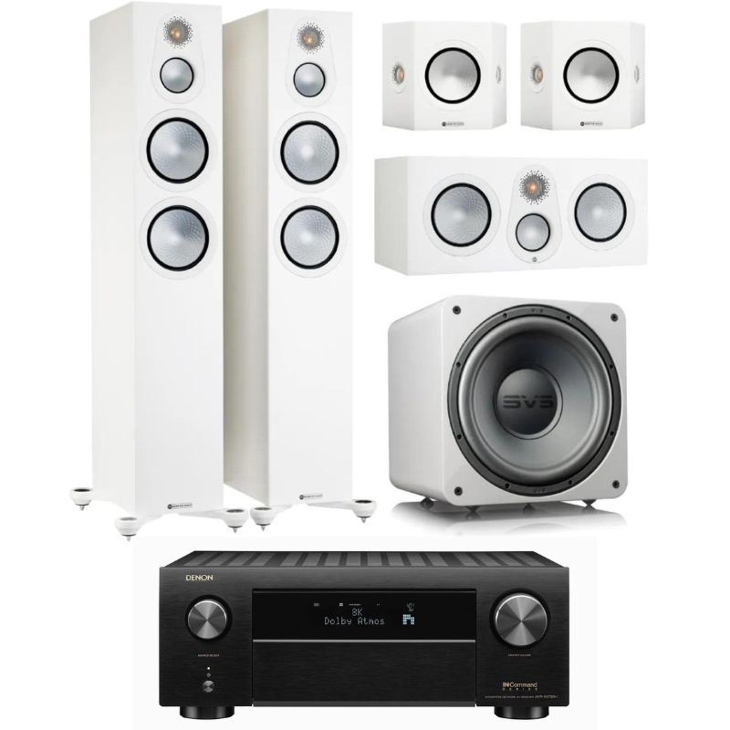 Monitor Audio Silver 300 5.1 Home Theatre Package (White) with Denon AVR-x4700H Amplifier